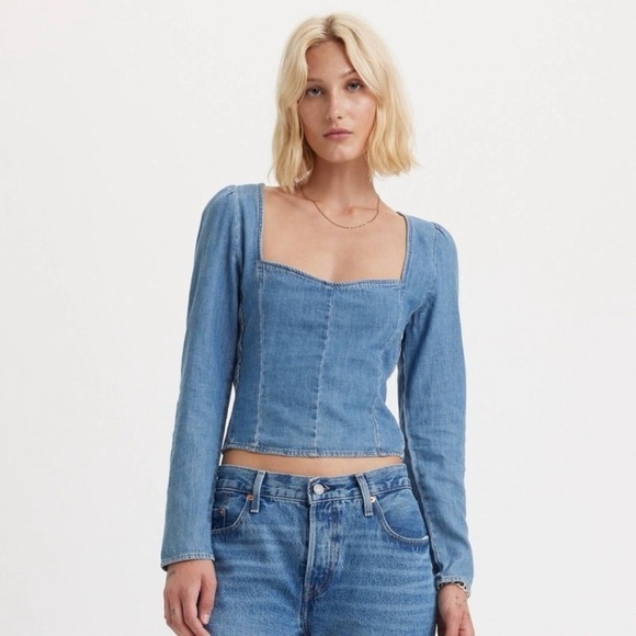Levis Light Wash Denim Daryn Western Milkmaid Cropped Corset Top Size XS Shirt - Picture 1 of 12